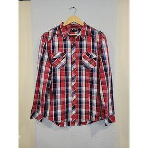 Helix Athletic Fit Long Sleeve Button Down Shirt - XL Red Blue‎ Plaid Western